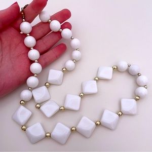 Vintage White Lucite Plastic Abstract Pastel Spring Geometric Beaded Necklace